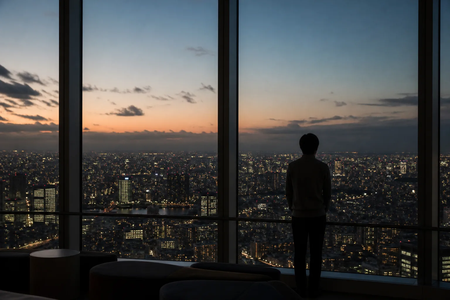 高層階から東京の夕景を静かに眺めるイメージ