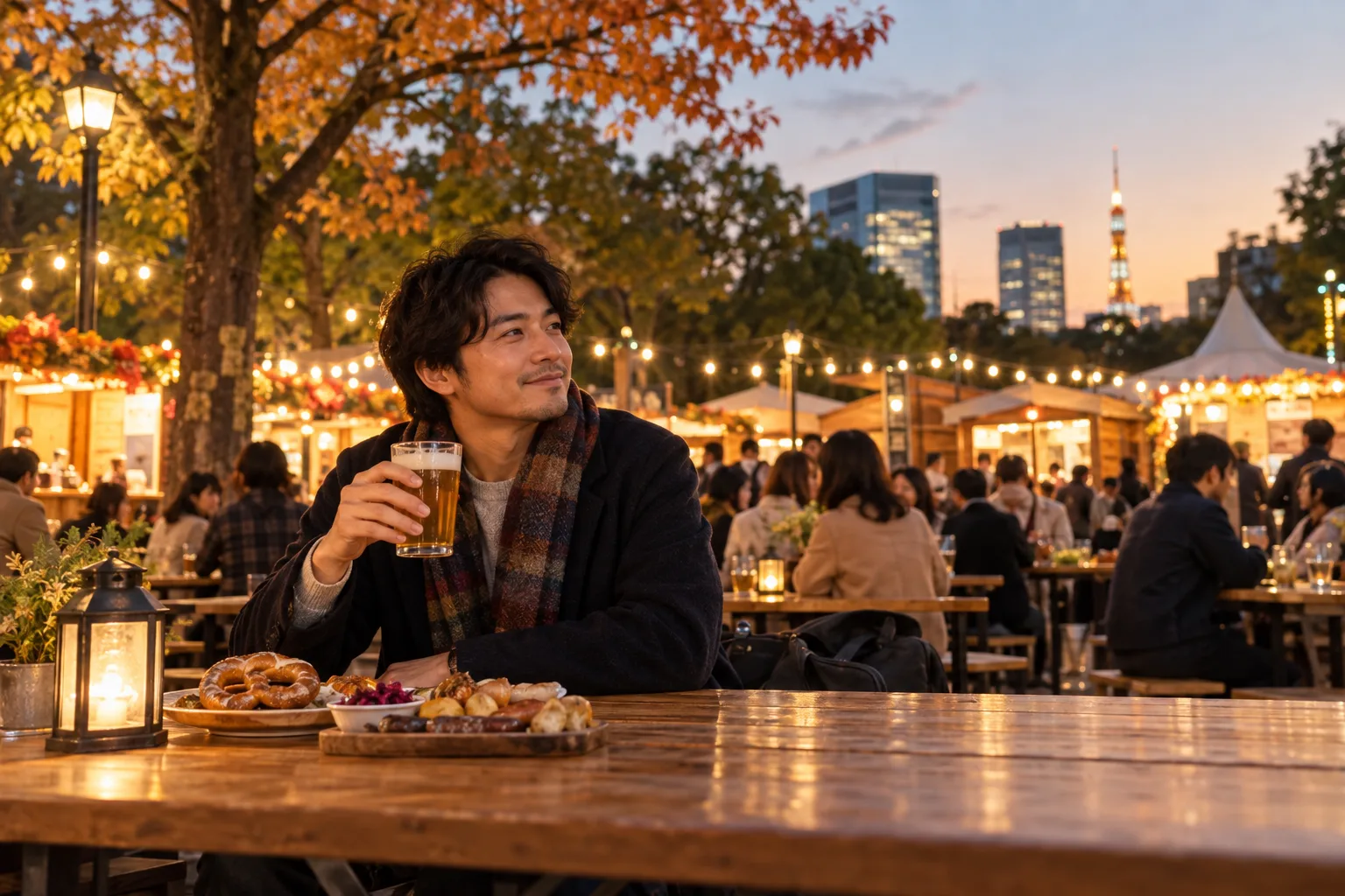 東京の屋外オクトーバーフェストをイメージした秋の夜イベント風景